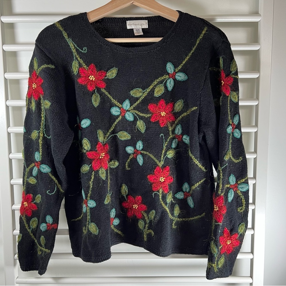 Vintage Northern Isles Floral Embroidered Black Sweater, Size Medium